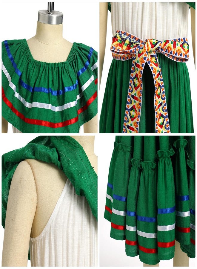 ODIZLI Mexican Dress for Girls Traditional Cinco de Mayo Fiesta Dresses for Toddler Girl Off-Shoulder Sleeveless Kids Vestidos Tipicos Mexicanos Flamenco Dress Ruffle Drape A Line Dress Green 9-10 Years - Image 5